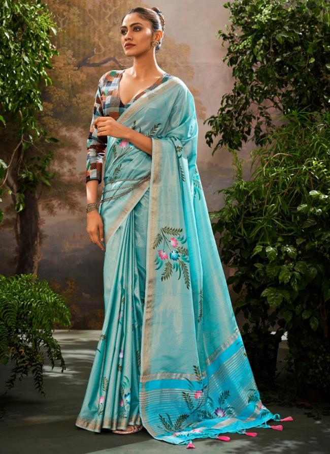 Soft Linen Tissue Sky Blue Party Wear Hand Brush Print Saree